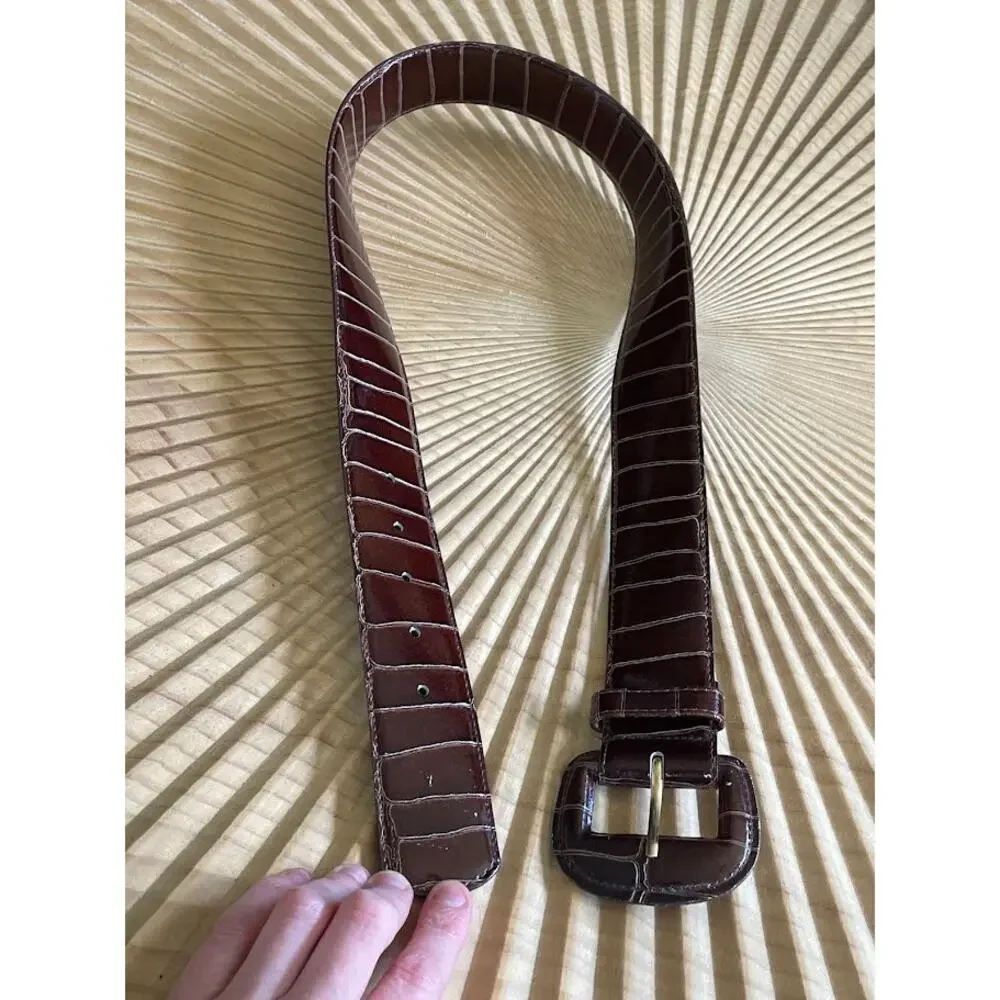 Womens Genuine Leather Reptile Print Wide Belt Espresso Brown Size M/L